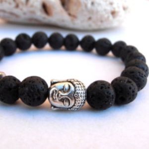 NEW Black Lava Bead Silver Buddha Healing Bracelet